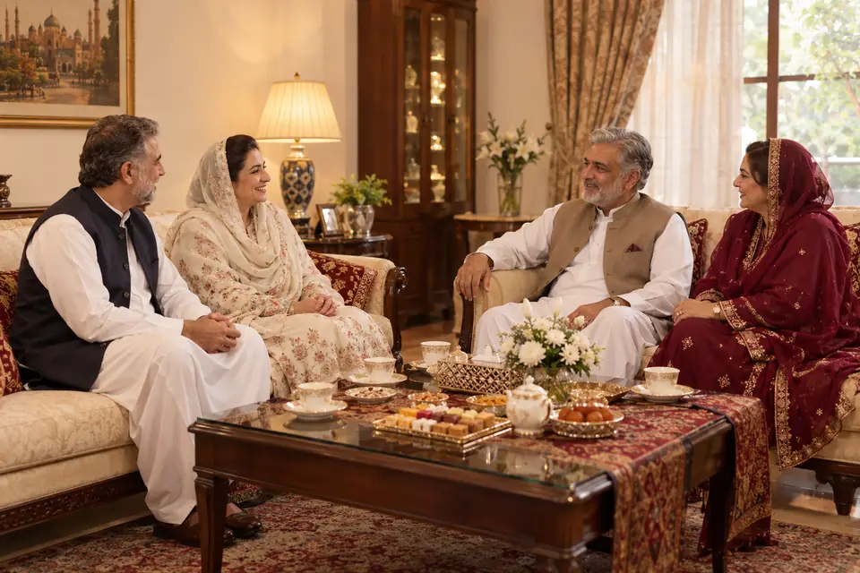 Two families talking over tea in a drawing room