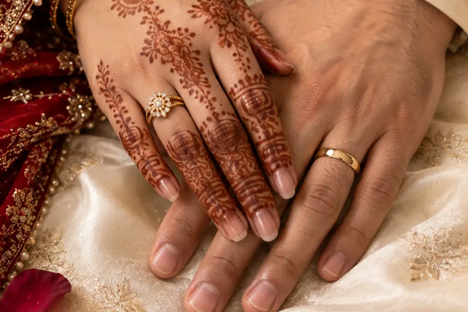 Hands of a bride and groom with rings and mehndi