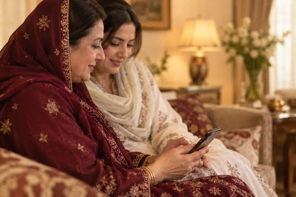 A mother and daughter looking at a phone together